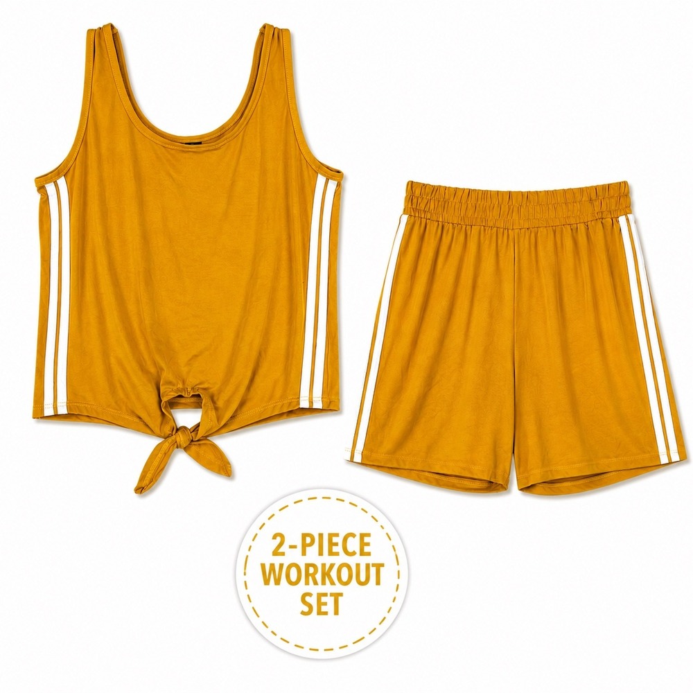 Feathers Mustard Yellow Striped Tank Top and Shorts Two Piece Lounge Set Small